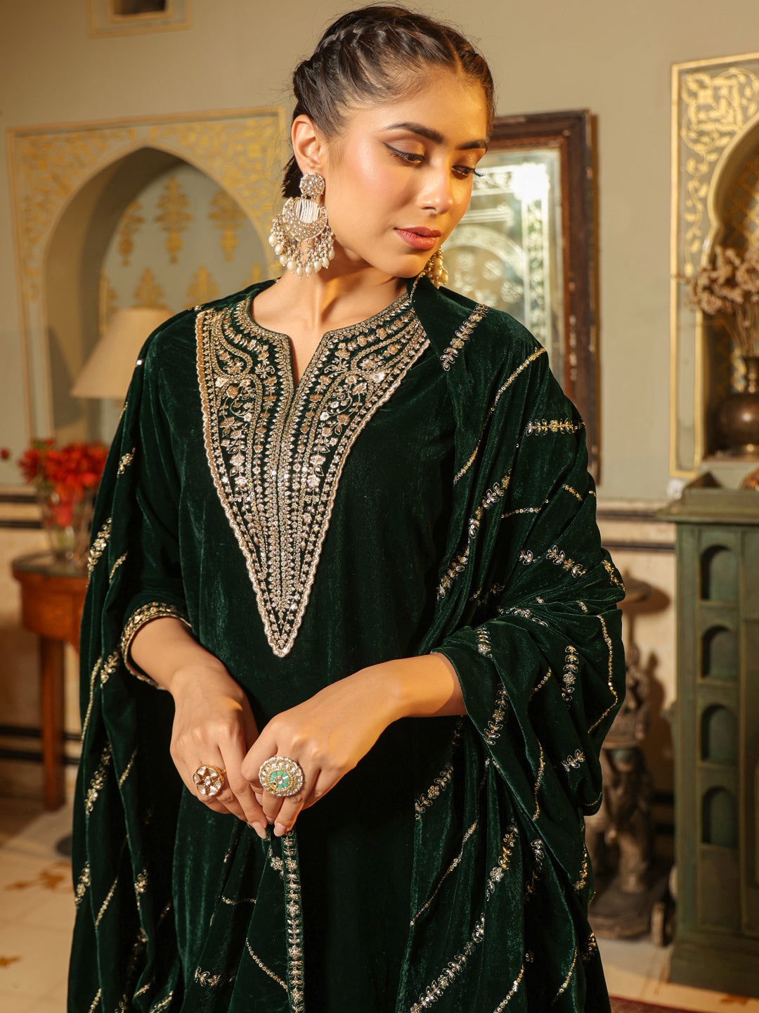 Dark Green Velvet Zari Embroidered Straight Kurta Set