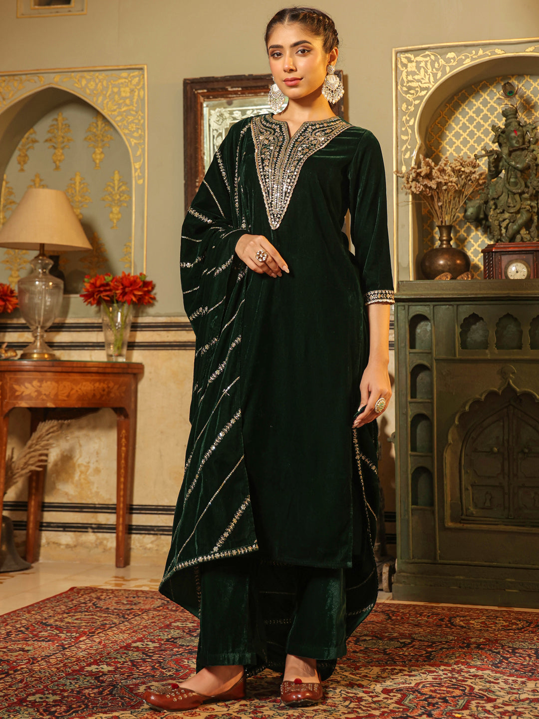 Dark Green Velvet Zari Embroidered Straight Kurta Set