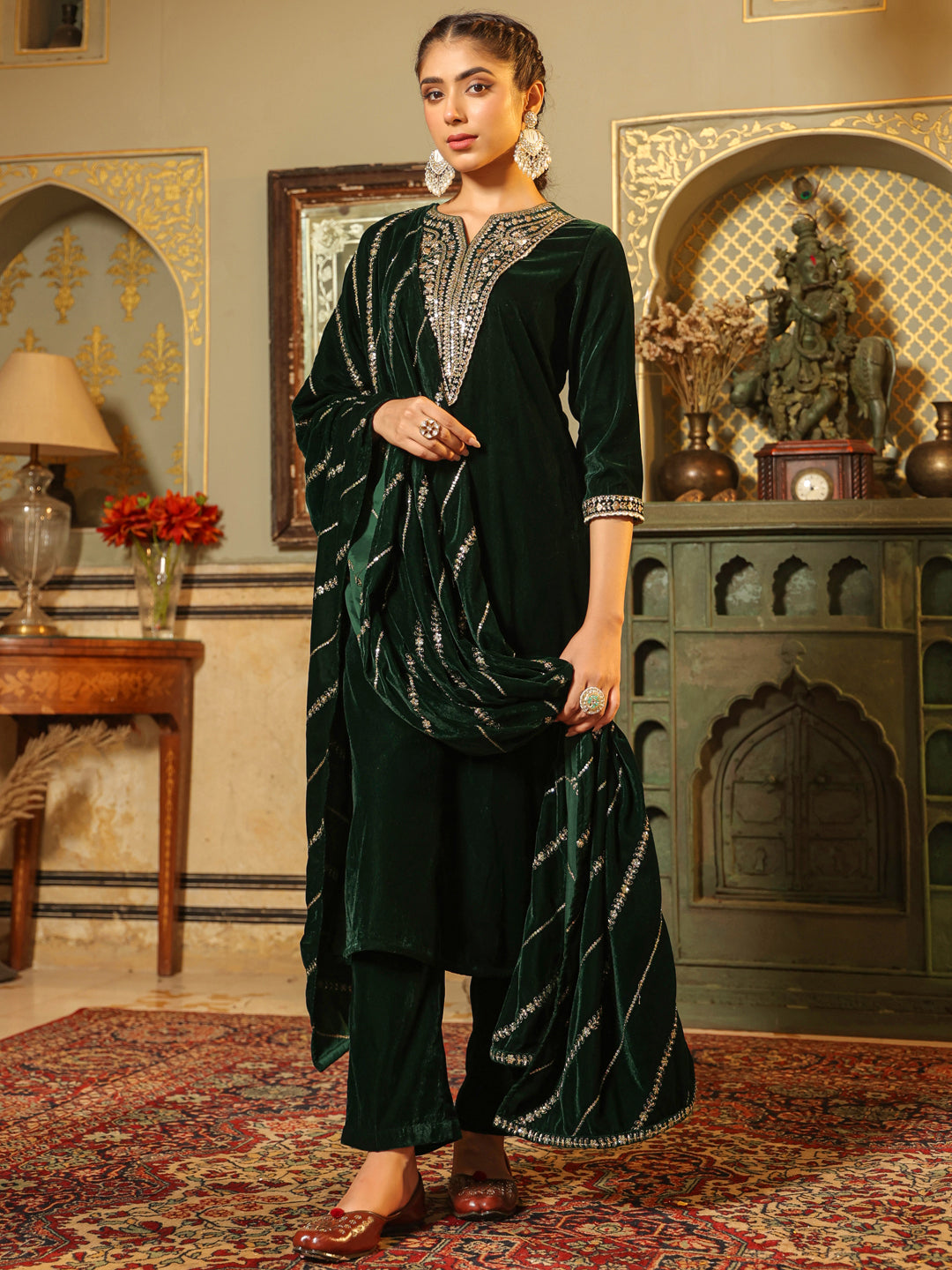 Dark Green Velvet Zari Embroidered Straight Kurta Set