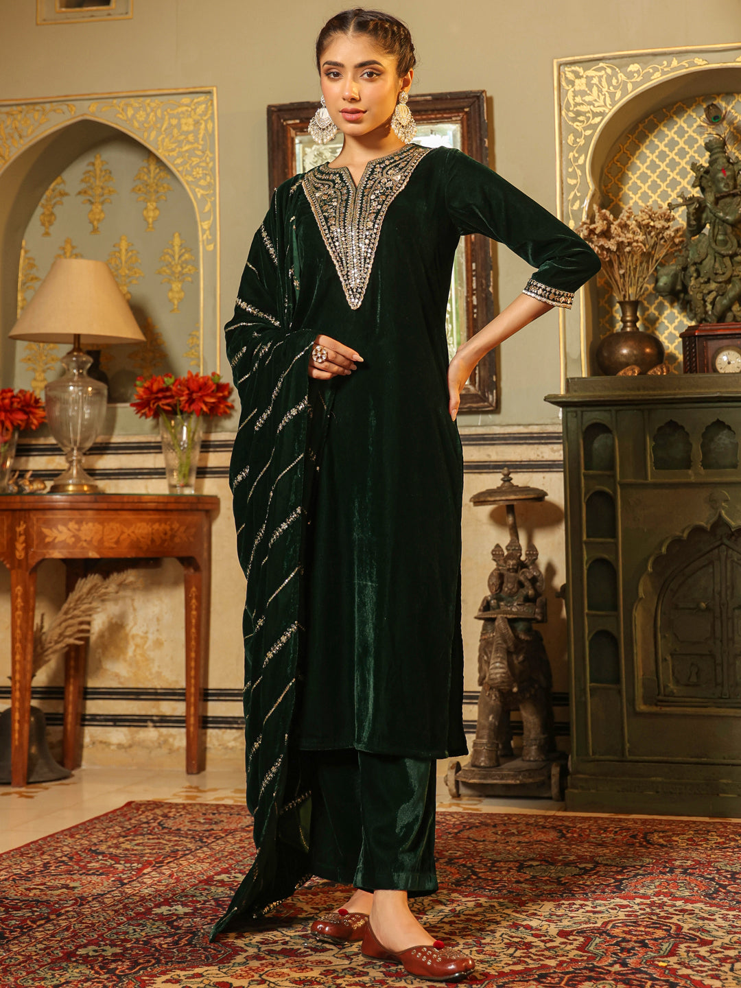 Dark Green Velvet Zari Embroidered Straight Kurta Set