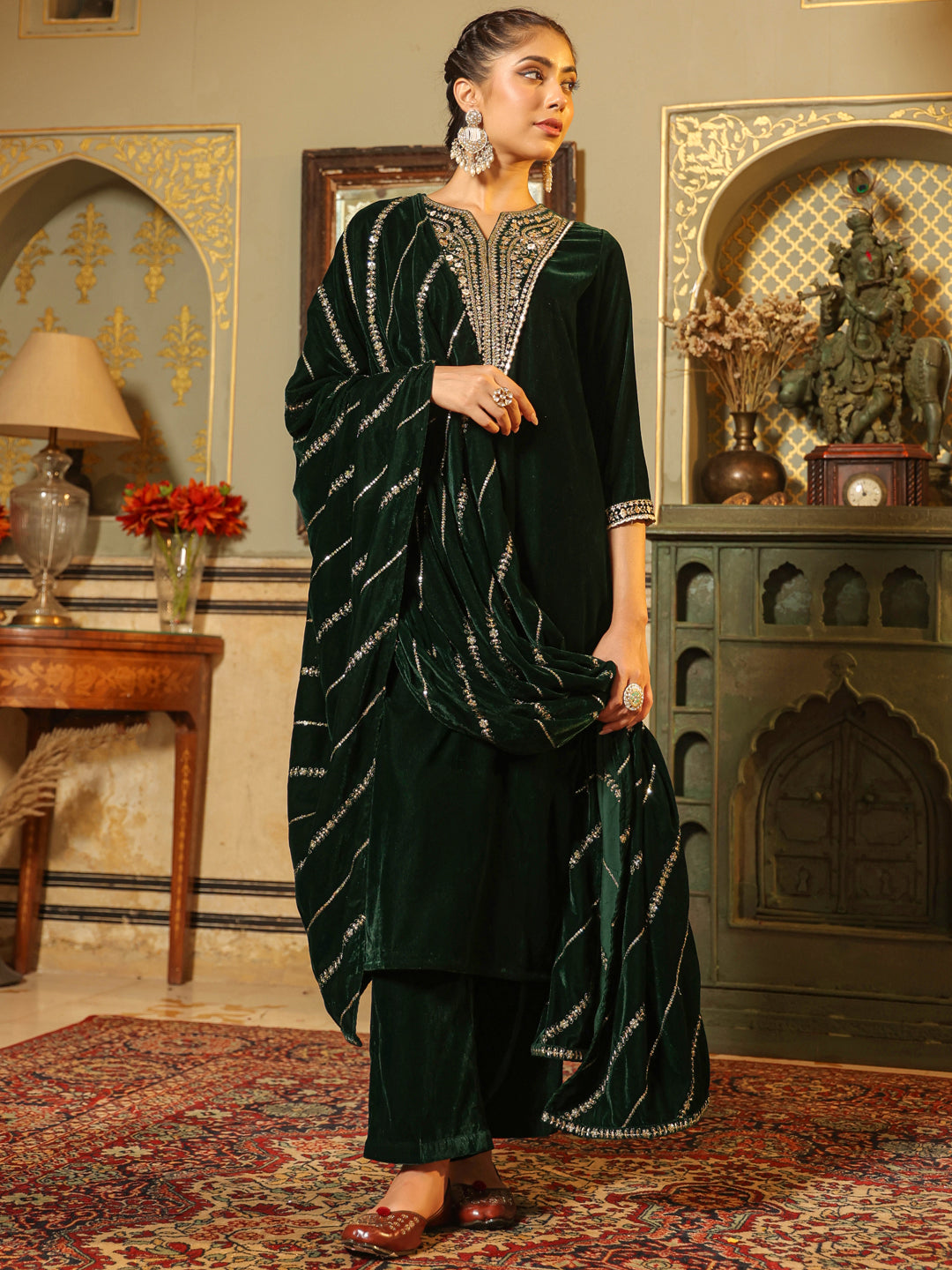 Dark Green Velvet Zari Embroidered Straight Kurta Set