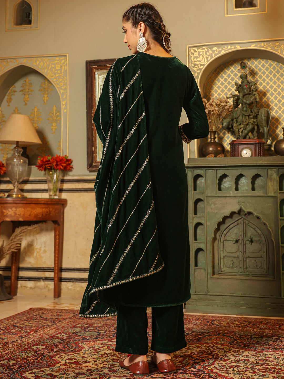 Dark Green Velvet Zari Embroidered Straight Kurta Set