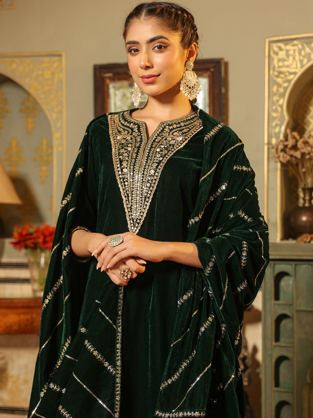 Dark Green Velvet Zari Embroidered Straight Kurta Set