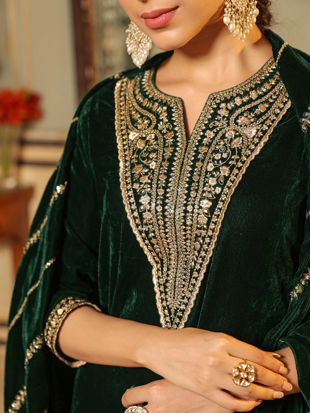 Dark Green Velvet Zari Embroidered Straight Kurta Set