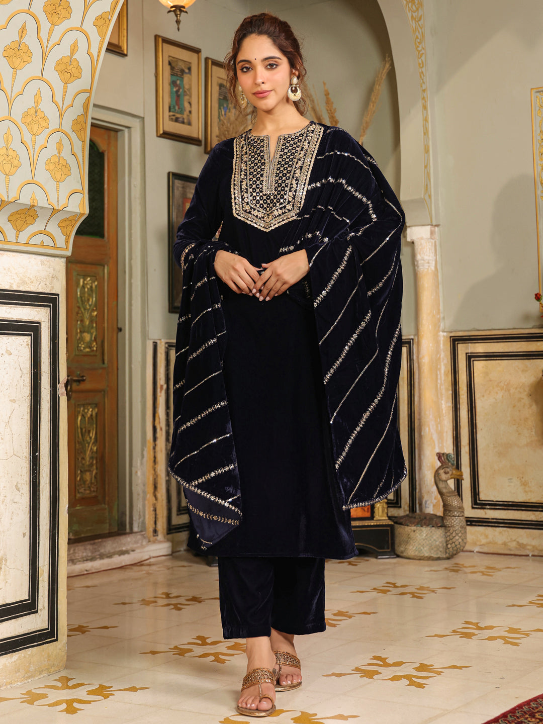 Navy Blue Velvet Zari Embroidered Straight Kurta Set