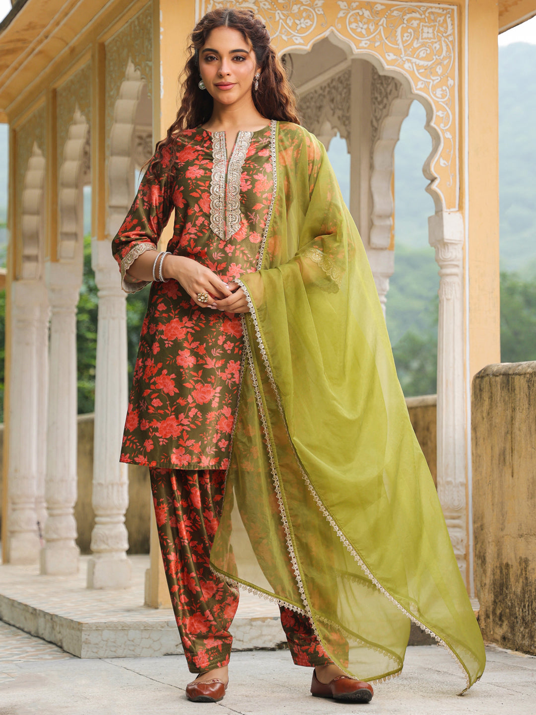 Olive Green Velvet Floral Printed Salwar Suit Set