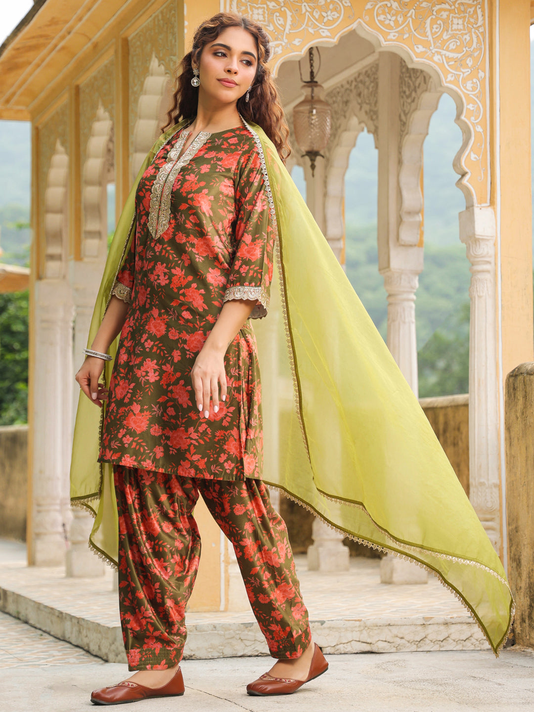 Olive Green Velvet Floral Printed Salwar Suit Set