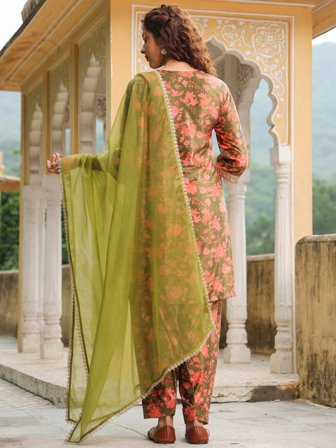 Olive Green Velvet Floral Printed Salwar Suit Set