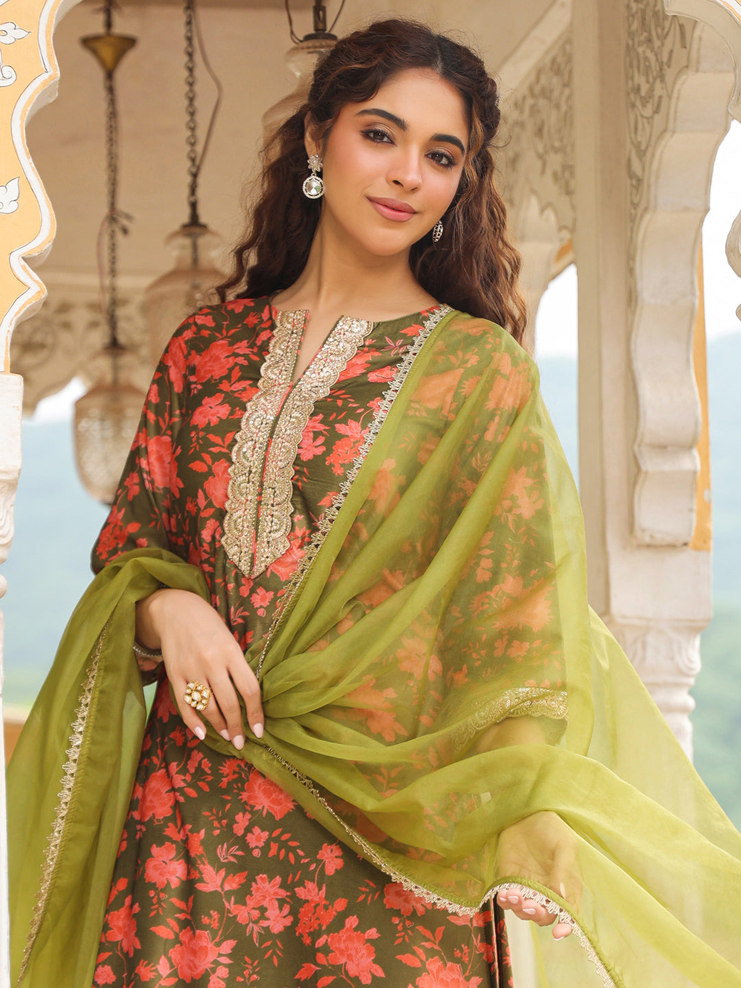 Olive Green Velvet Floral Printed Salwar Suit Set