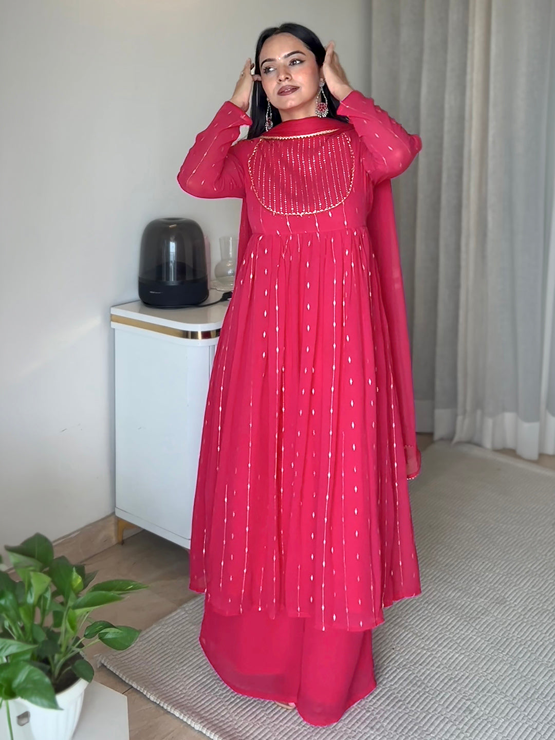 Pink Georgette Foil Printed Anarkali Kurta Set