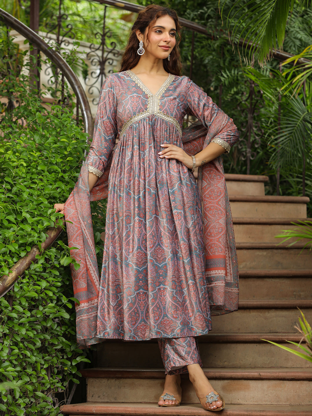 Light Blue Velvet Paisley A-Line Kurta Set