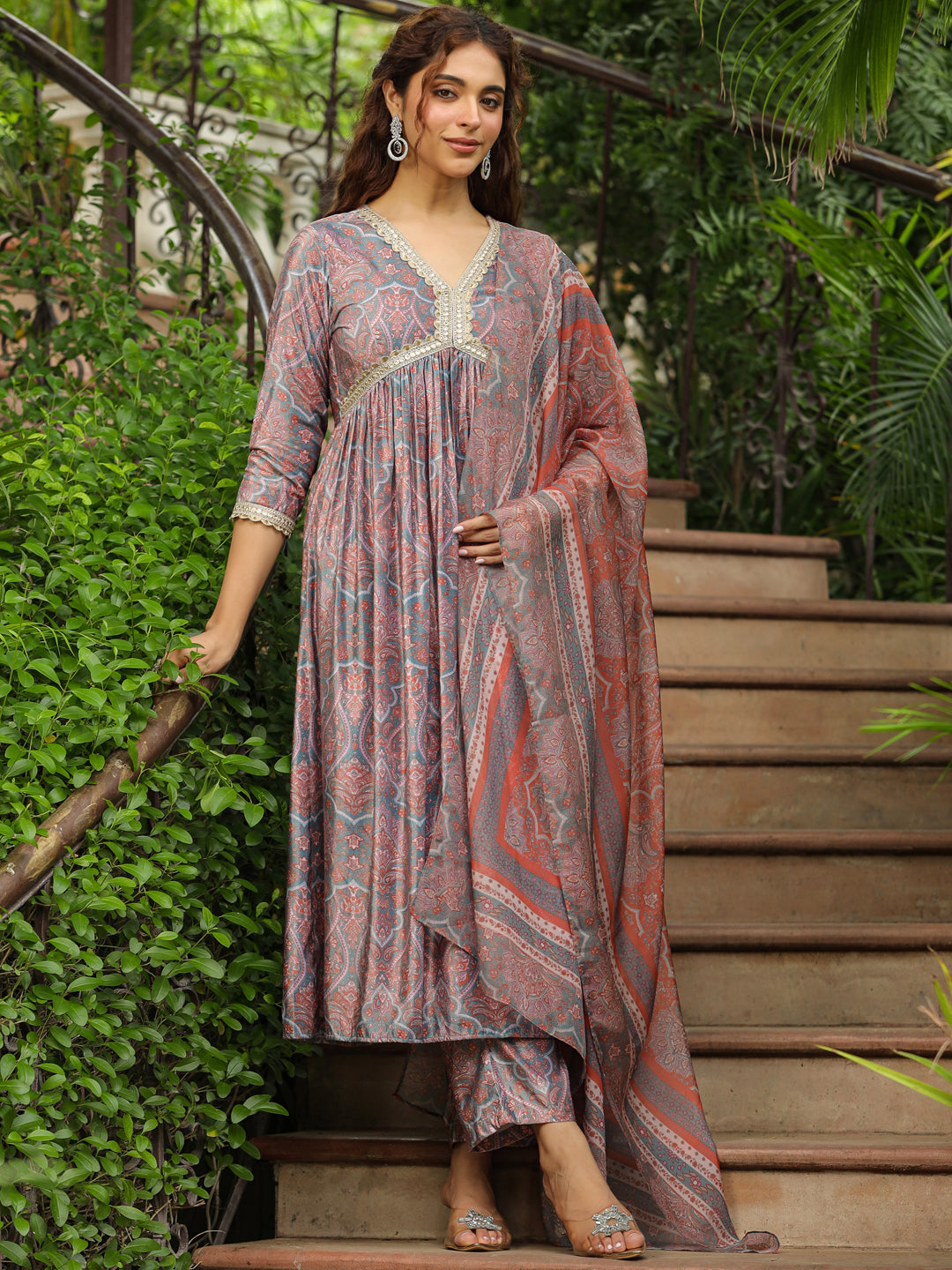 Light Blue Velvet Paisley A-Line Kurta Set