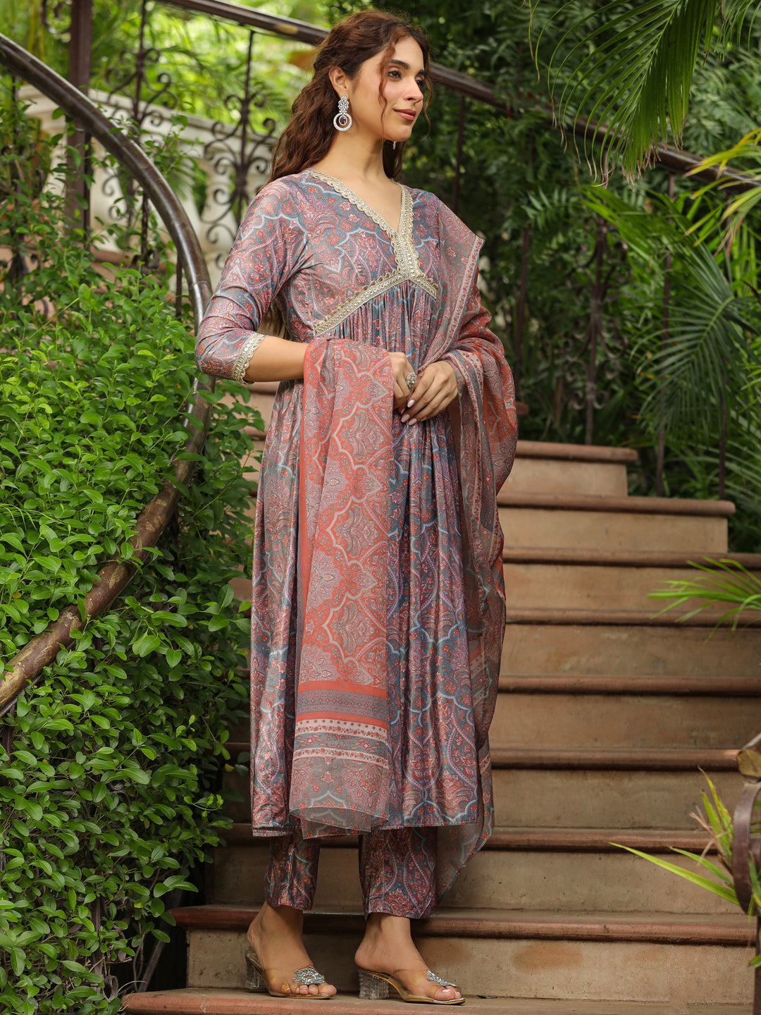 Light Blue Velvet Paisley A-Line Kurta Set