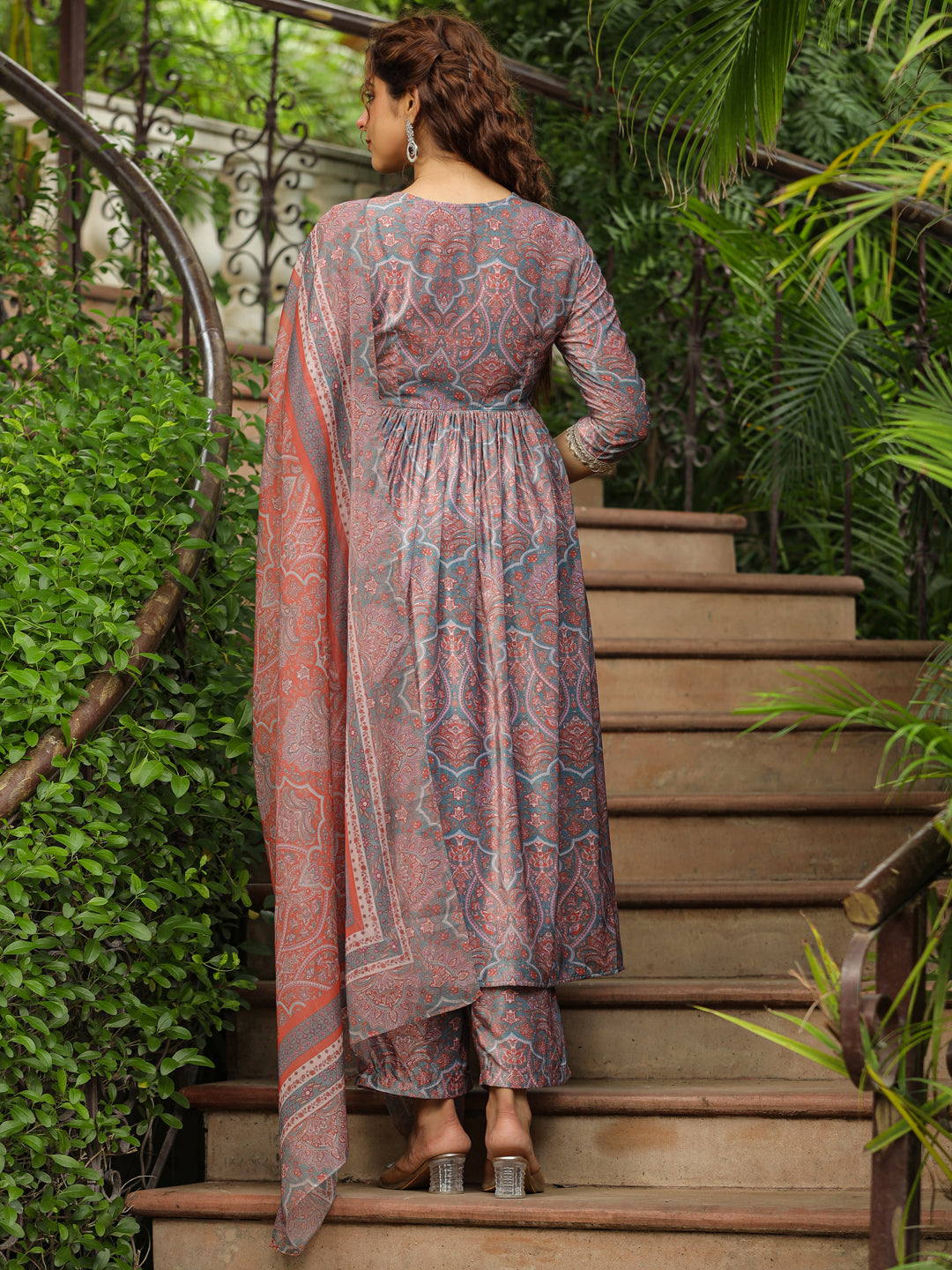 Light Blue Velvet Paisley A-Line Kurta Set