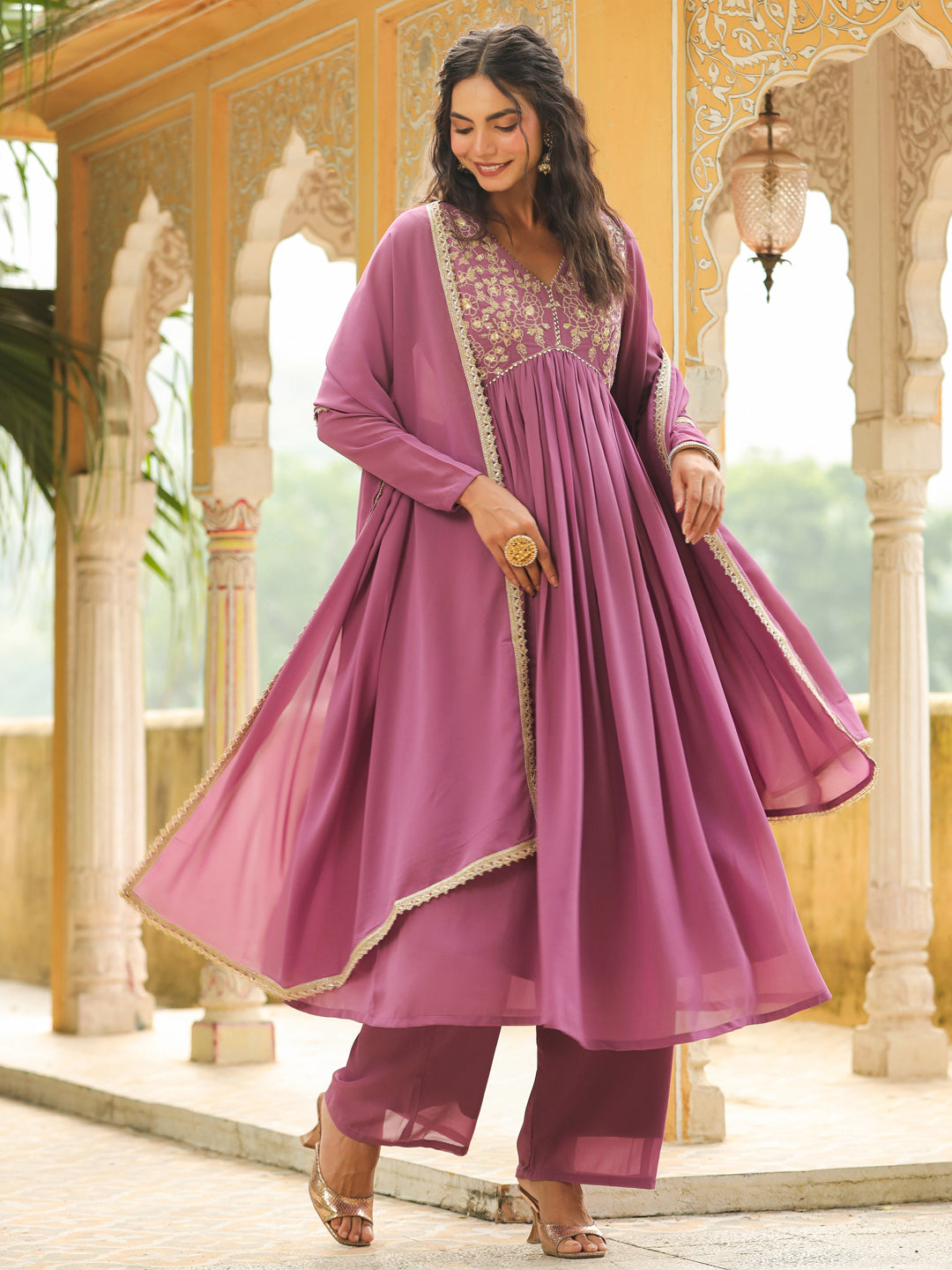 Lavender Georgette Yoke Embroidered A-Line Kurta Set