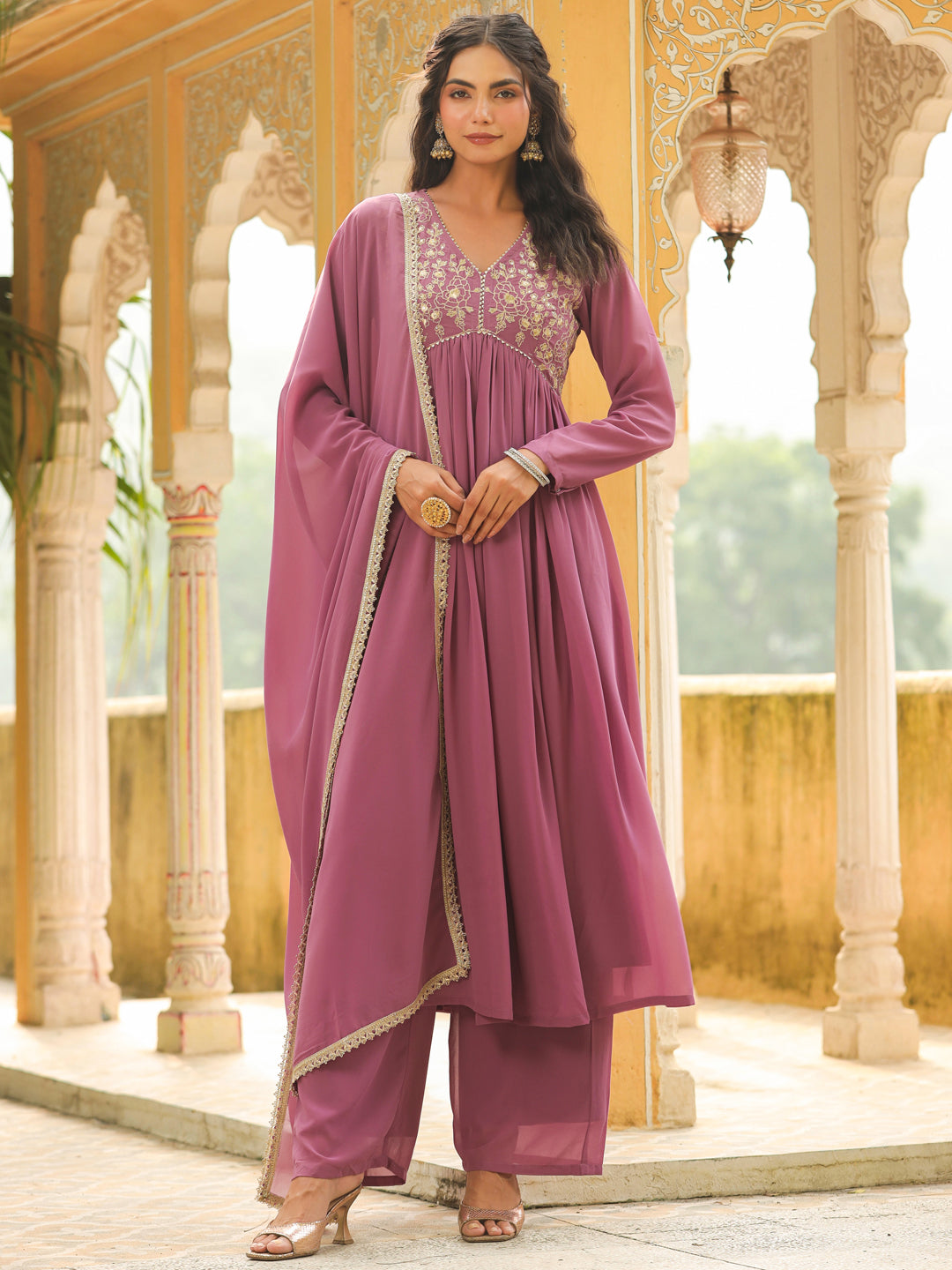 Lavender Georgette Yoke Embroidered A-Line Kurta Set