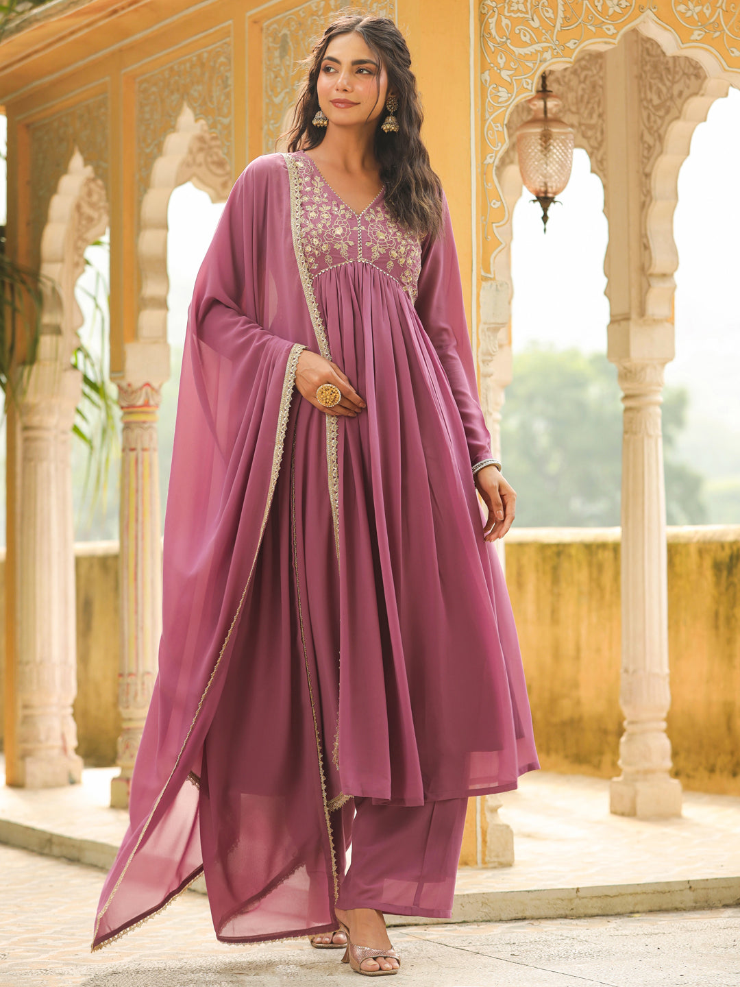 Lavender Georgette Yoke Embroidered A-Line Kurta Set