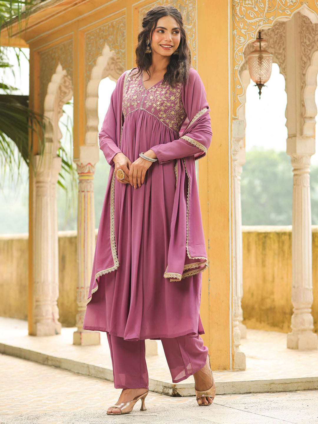 Lavender Georgette Yoke Embroidered A-Line Kurta Set