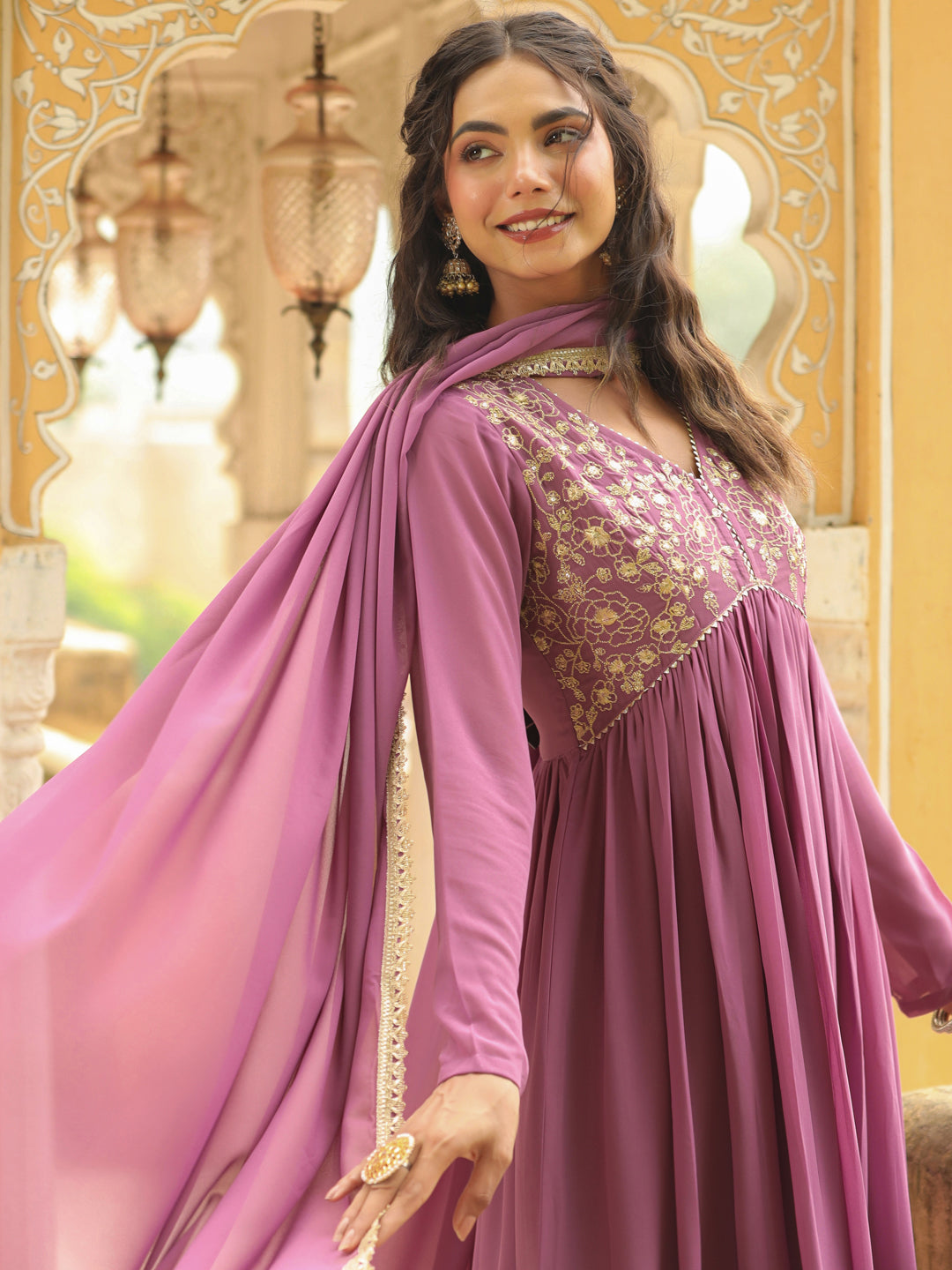 Lavender Georgette Yoke Embroidered A-Line Kurta Set