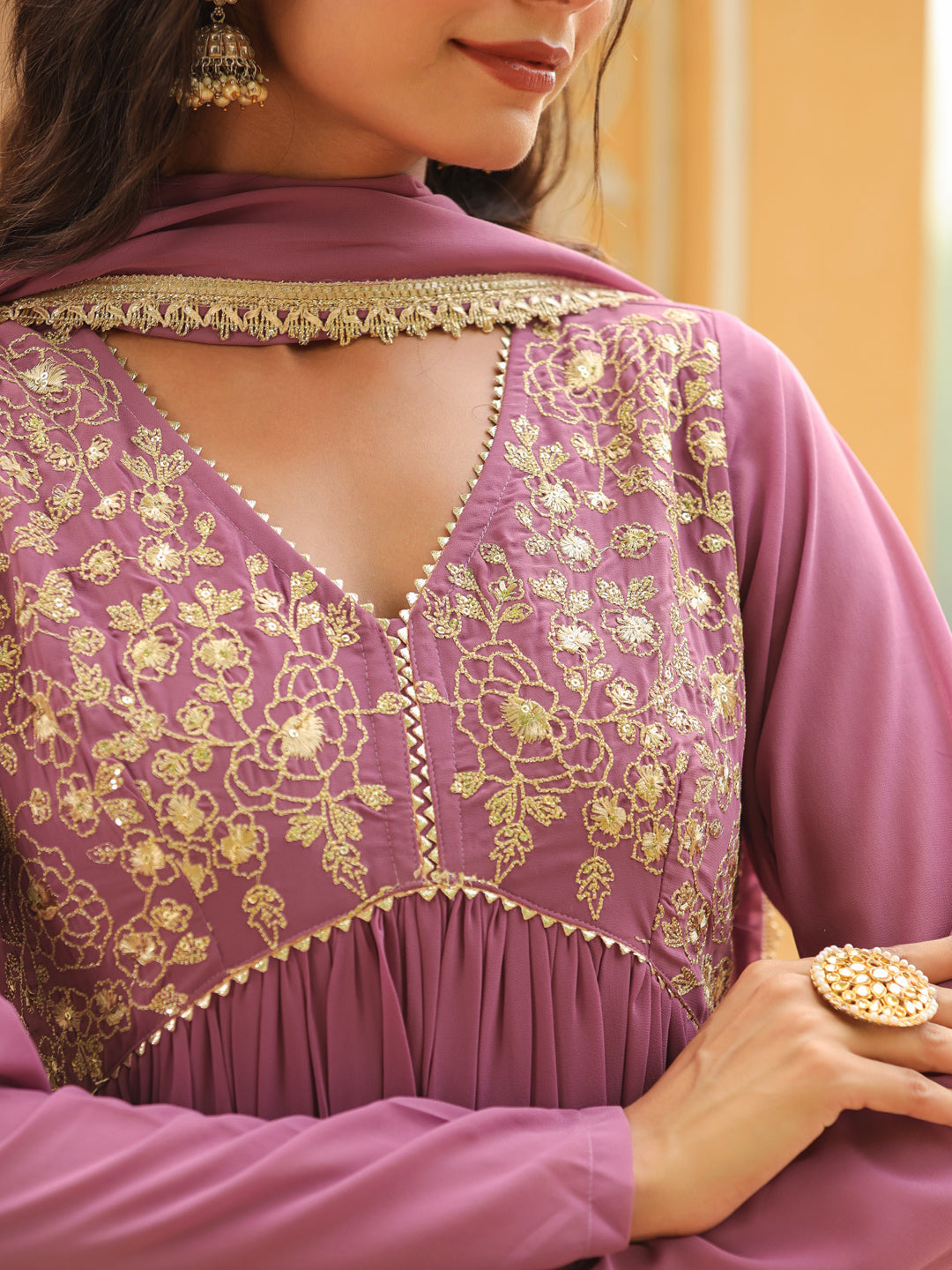 Lavender Georgette Yoke Embroidered A-Line Kurta Set