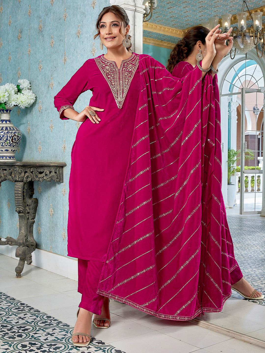 Pink Velvet Zari Embroidered Straight Kurta Set