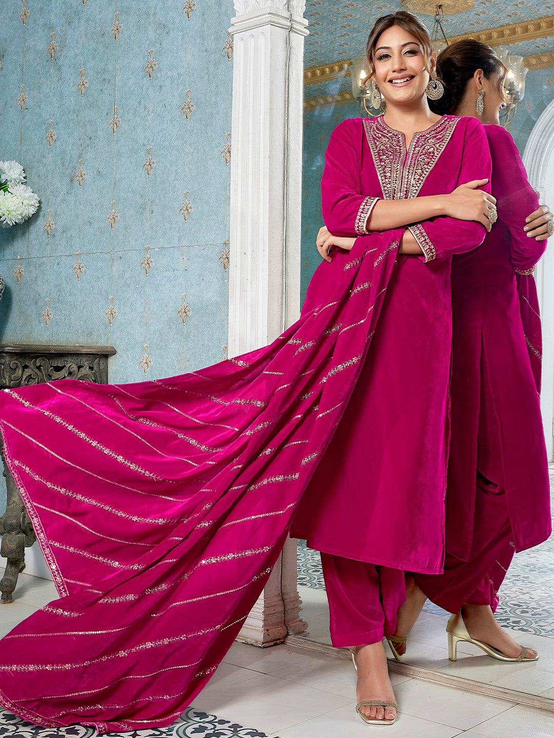 Pink Velvet Zari Embroidered Straight Kurta Set