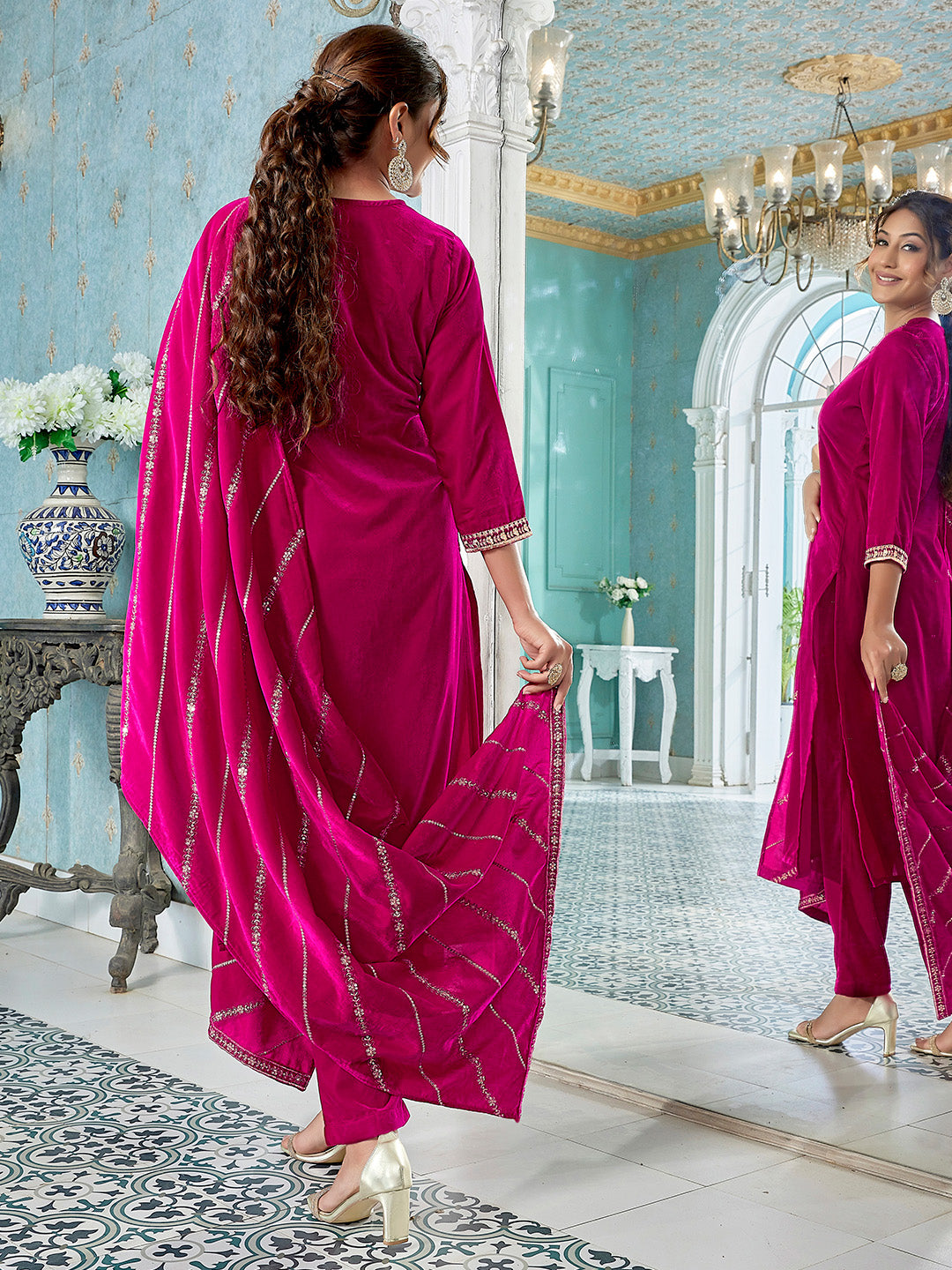 Pink Velvet Zari Embroidered Straight Kurta Set