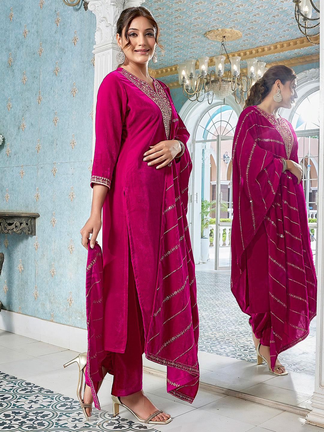 Pink Velvet Zari Embroidered Straight Kurta Set