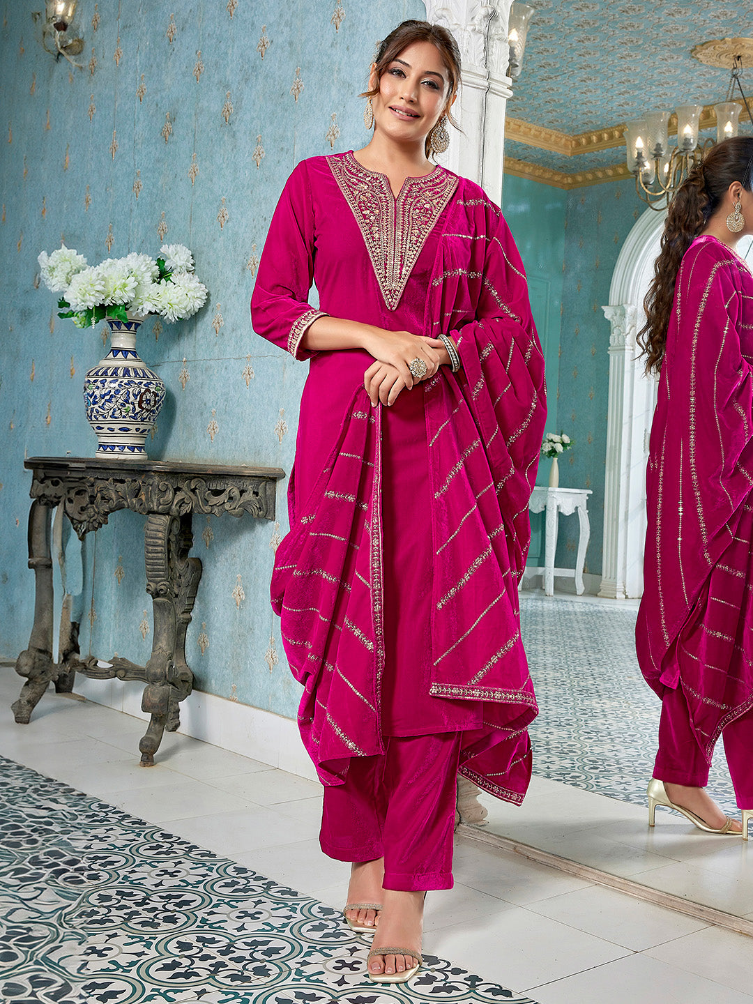 Pink Velvet Zari Embroidered Straight Kurta Set