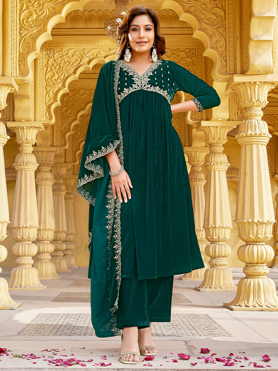 Dark Green Velvet Zari Embroidered A-Line Kurta with Pant & Dupatta Set