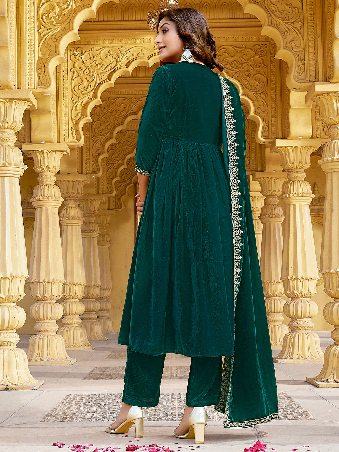 Dark Green Velvet Zari Embroidered A-Line Kurta with Pant & Dupatta Set