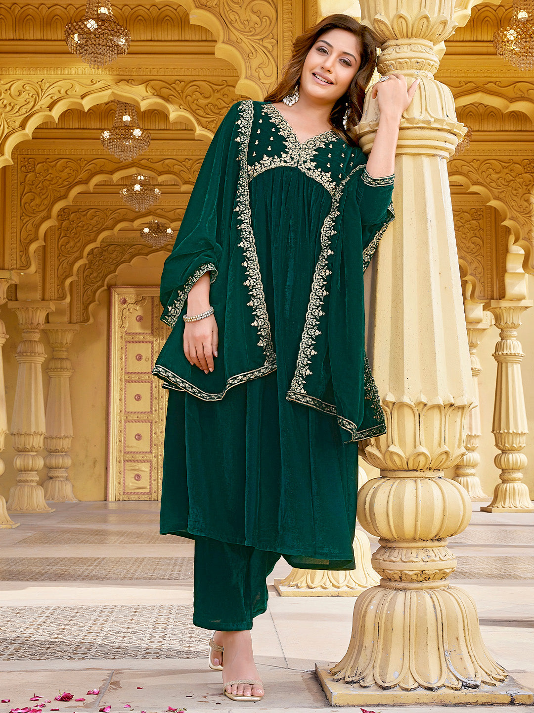 Dark Green Velvet Zari Embroidered A-Line Kurta with Pant & Dupatta Set