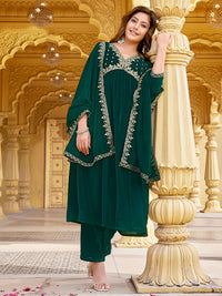 Dark Green Velvet Zari Embroidered A-Line Kurta with Pant & Dupatta Set