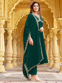 Dark Green Velvet Zari Embroidered A-Line Kurta with Pant & Dupatta Set