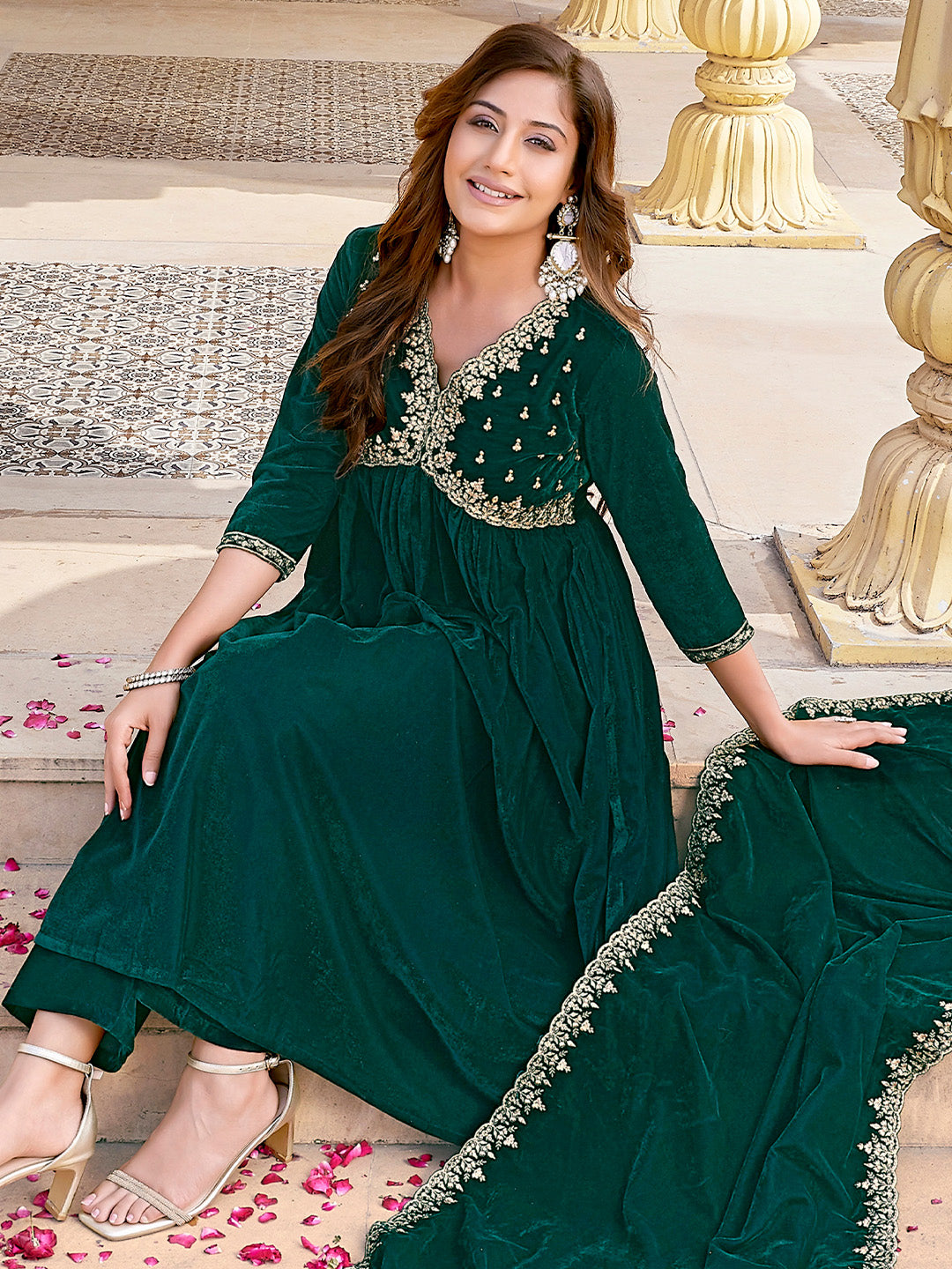 Dark Green Velvet Zari Embroidered A-Line Kurta with Pant & Dupatta Set