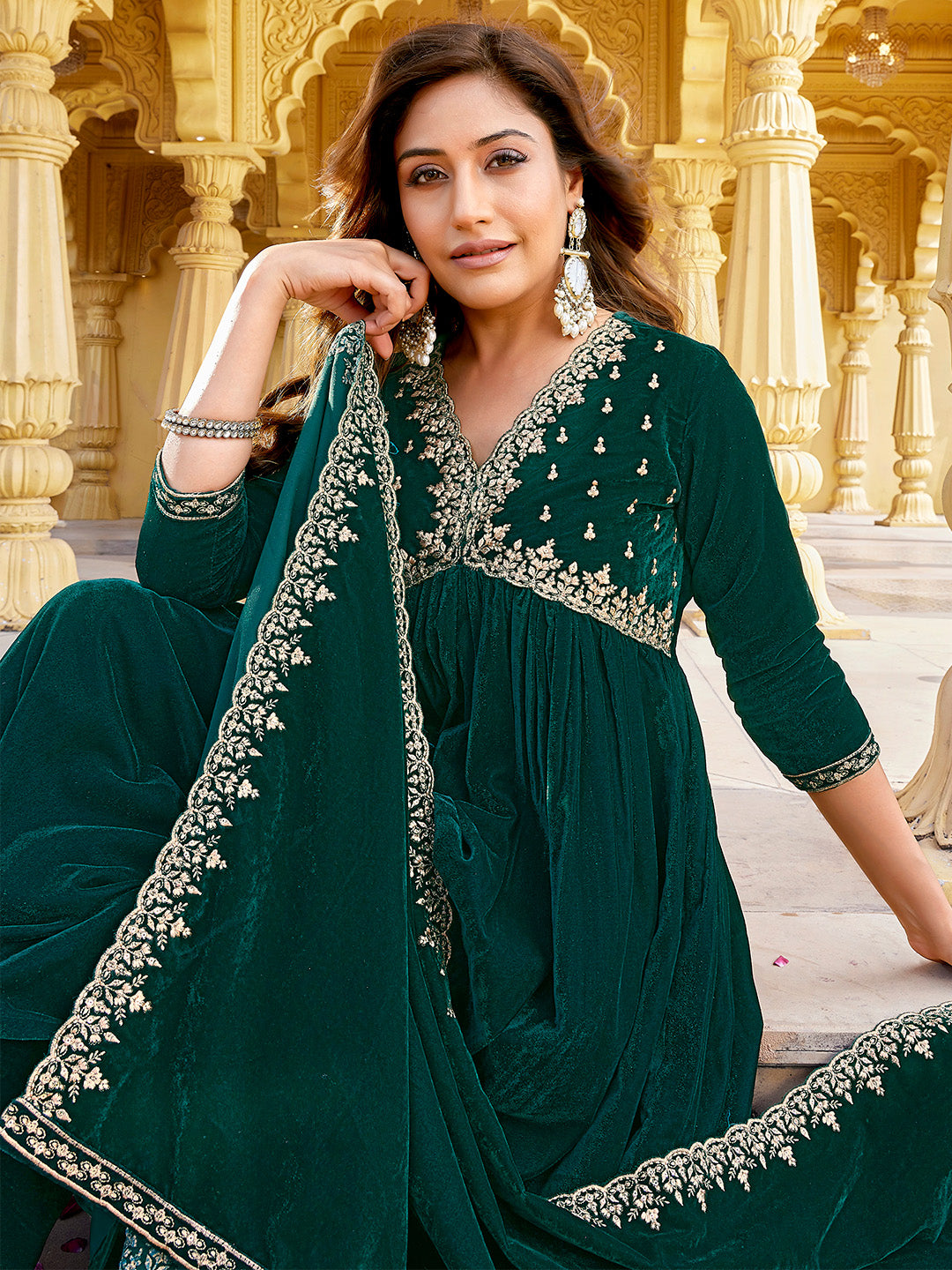 Dark Green Velvet Zari Embroidered A-Line Kurta with Pant & Dupatta Set