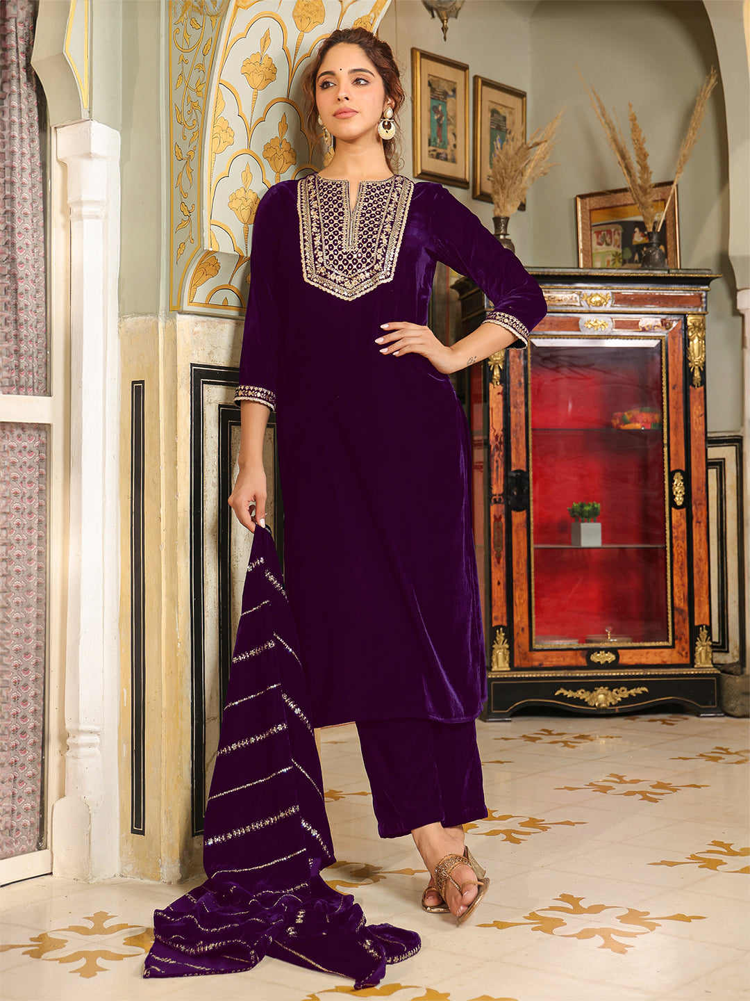 Purple Velvet Zari Yoke Embroidered Straight Kurta Set