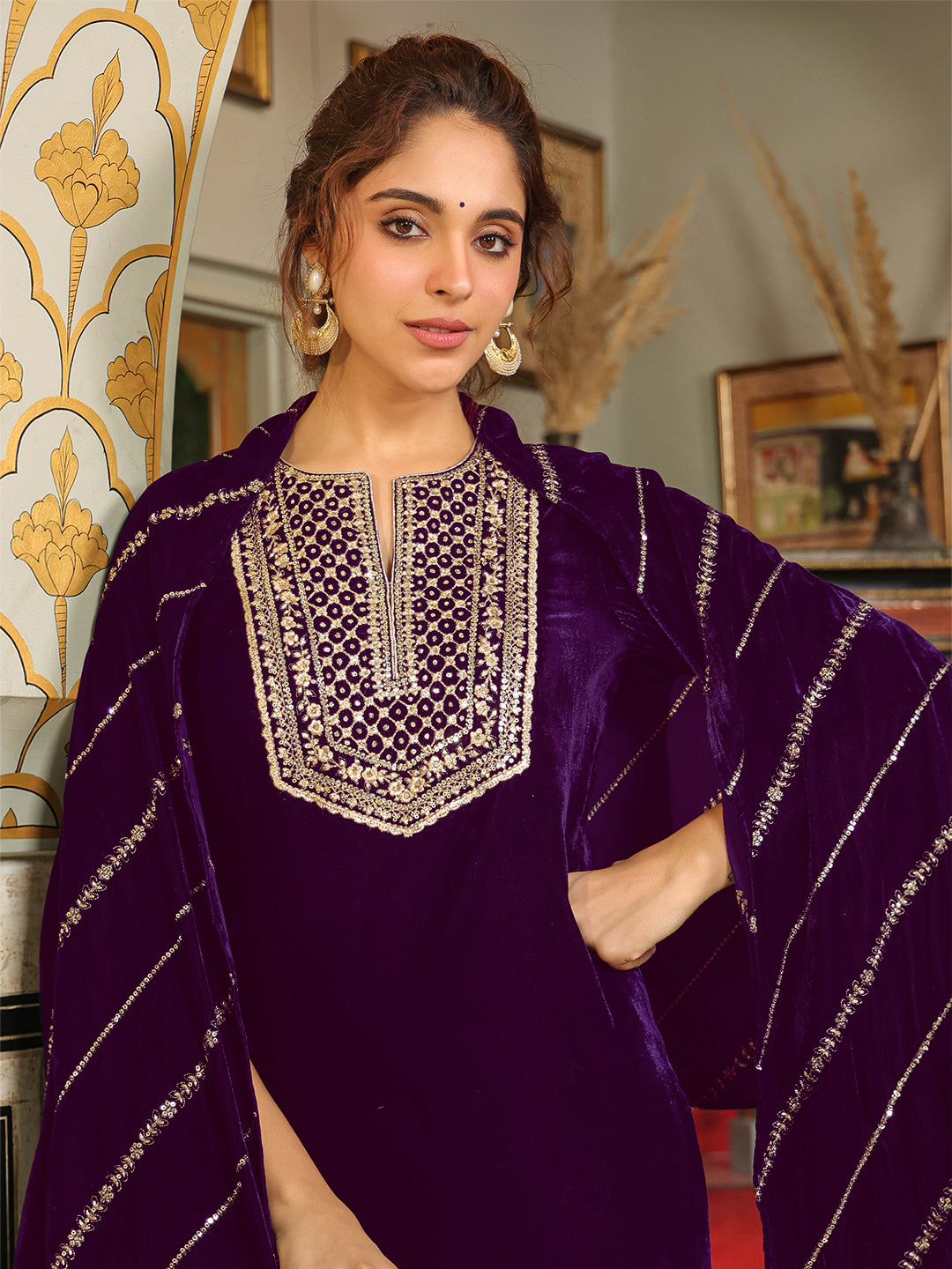 Purple Velvet Zari Yoke Embroidered Straight Kurta Set