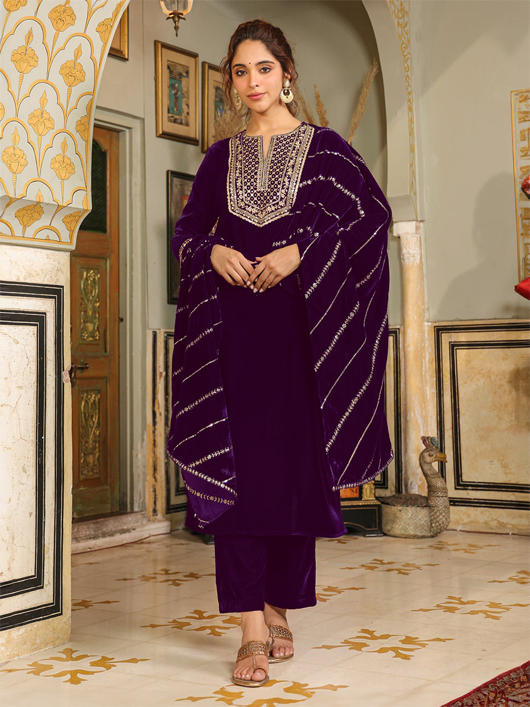 Purple Velvet Zari Yoke Embroidered Straight Kurta Set