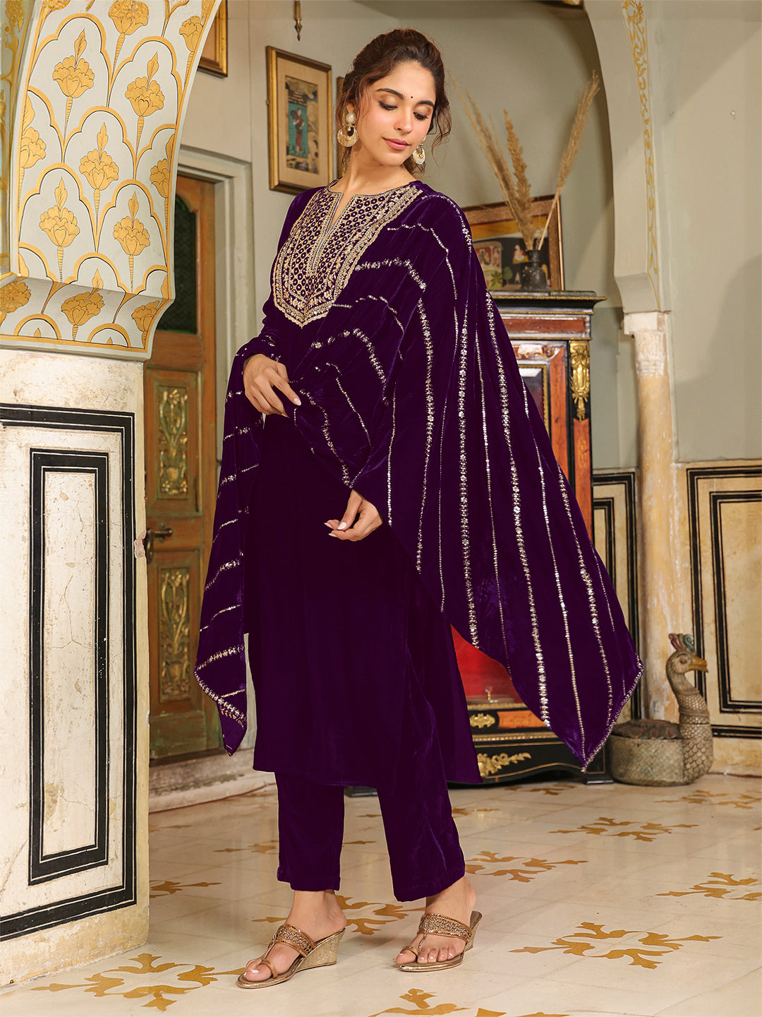 Purple Velvet Zari Yoke Embroidered Straight Kurta Set