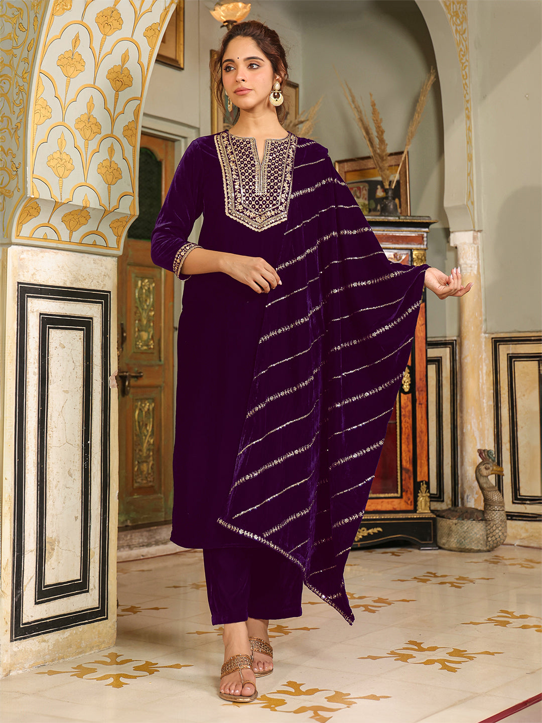 Purple Velvet Zari Yoke Embroidered Straight Kurta Set