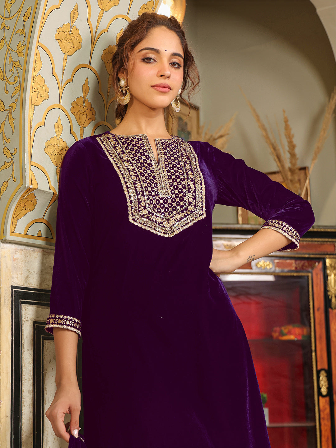 Purple Velvet Zari Yoke Embroidered Straight Kurta Set