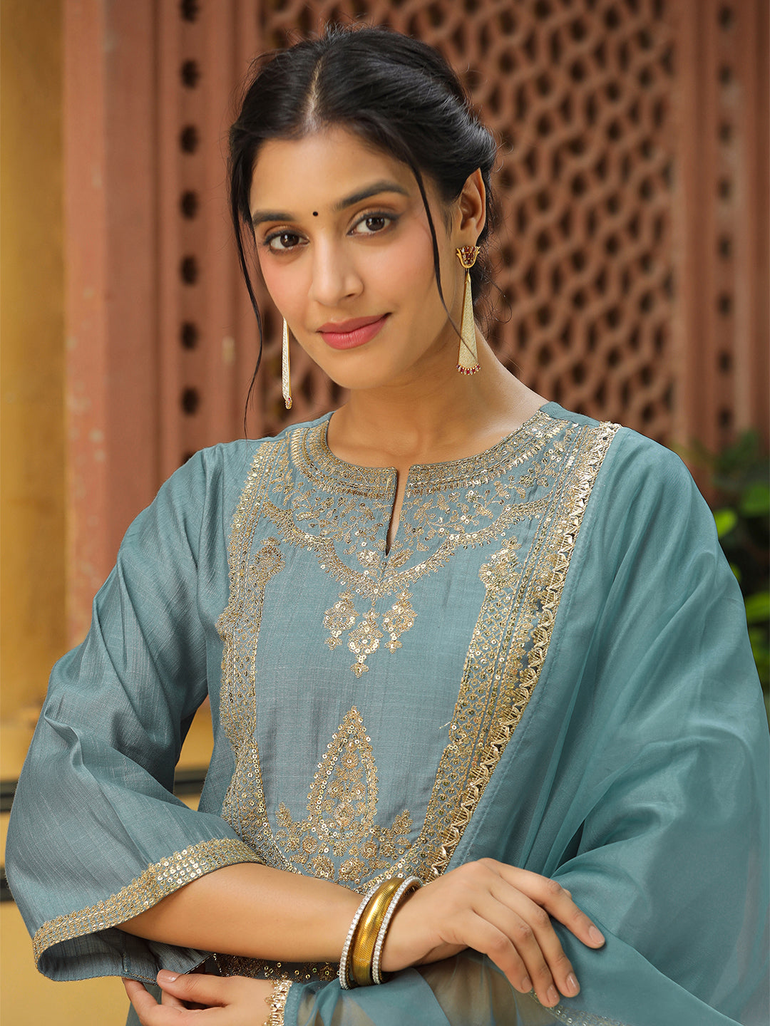 Sage Green Silk Blend Embroidered Straight Kurta Set