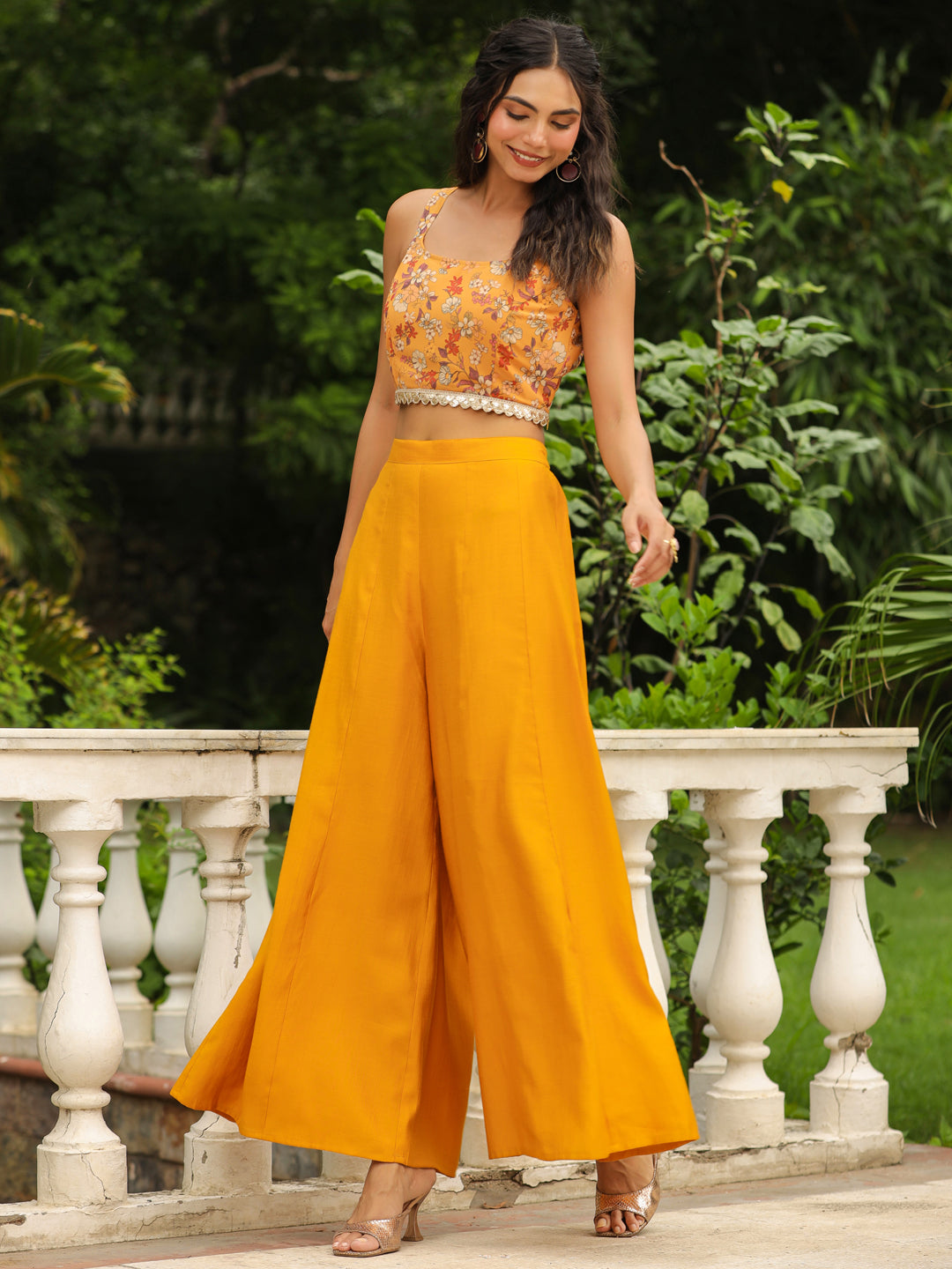 Mustard Georgette Floral Printed Top With Palazzo & Cape Set