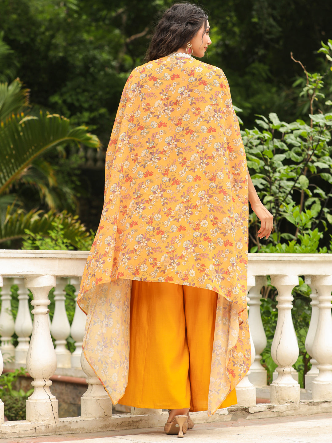 Mustard Georgette Floral Printed Top With Palazzo & Cape Set