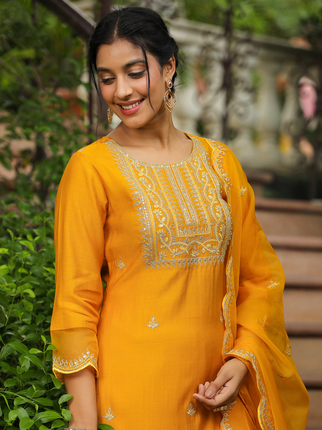 Mustard Silk Blend Embroidered Straight Kurta Set