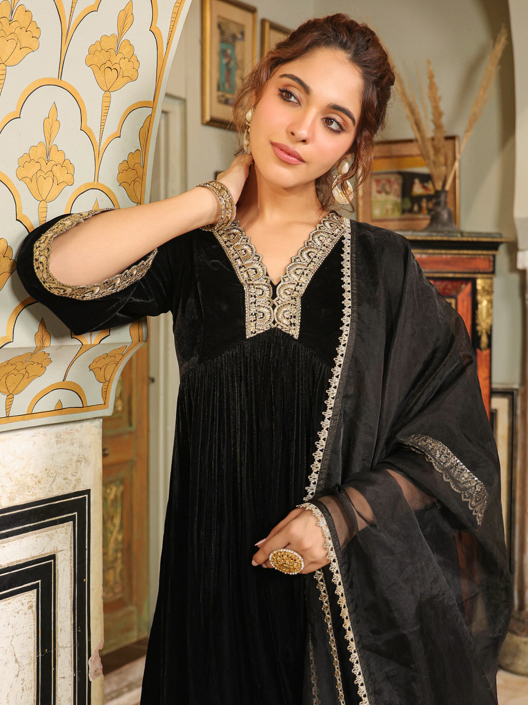 Black Velvet Embellished A-Line Kurta Set