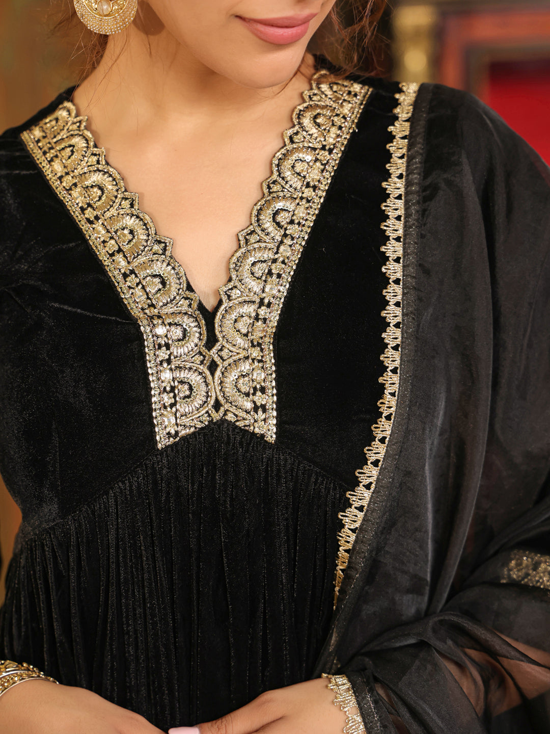 Black Velvet Embellished A-Line Kurta Set