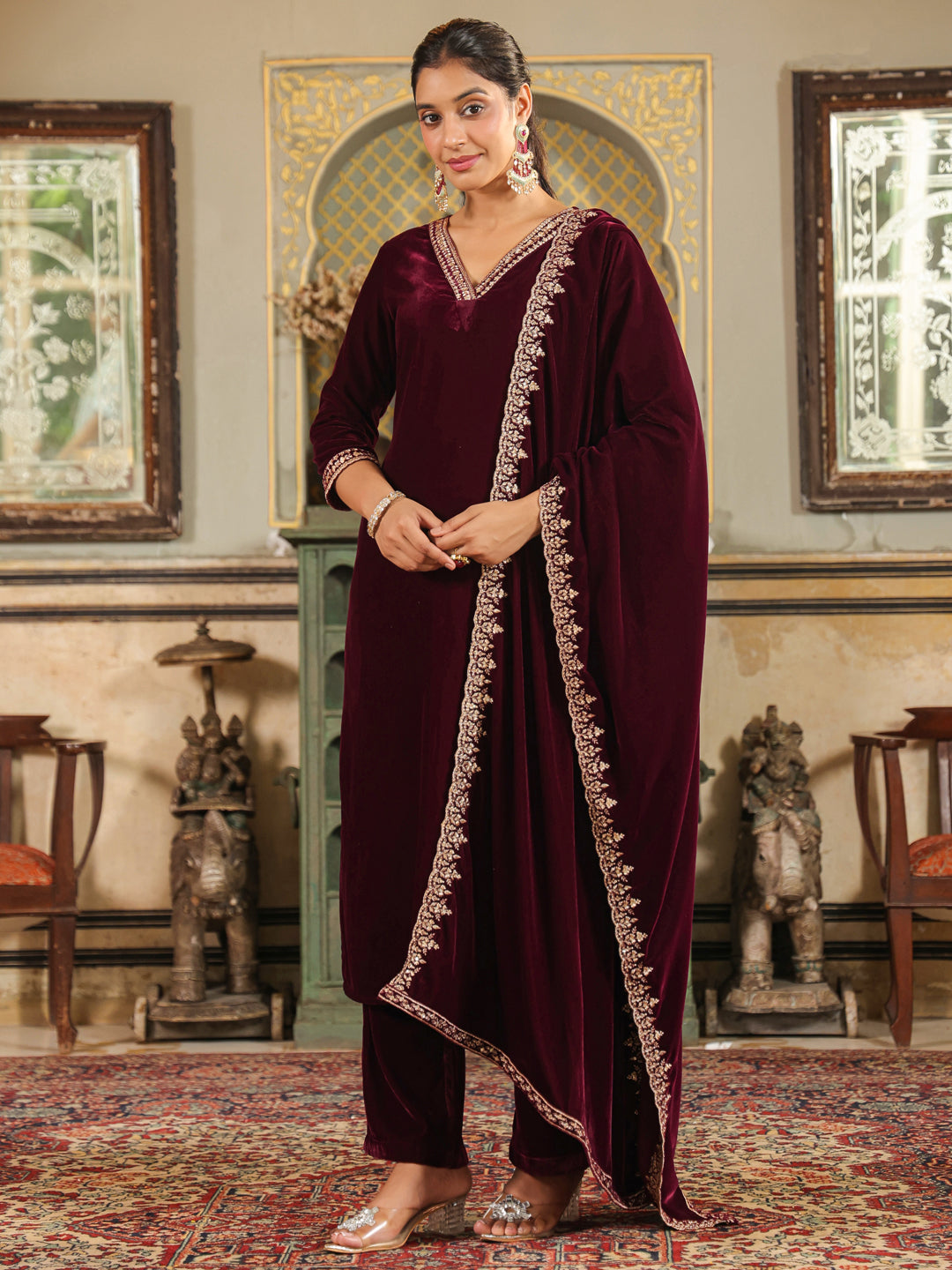 Wine Velvet Zari Embroidered Straight Kurta Set