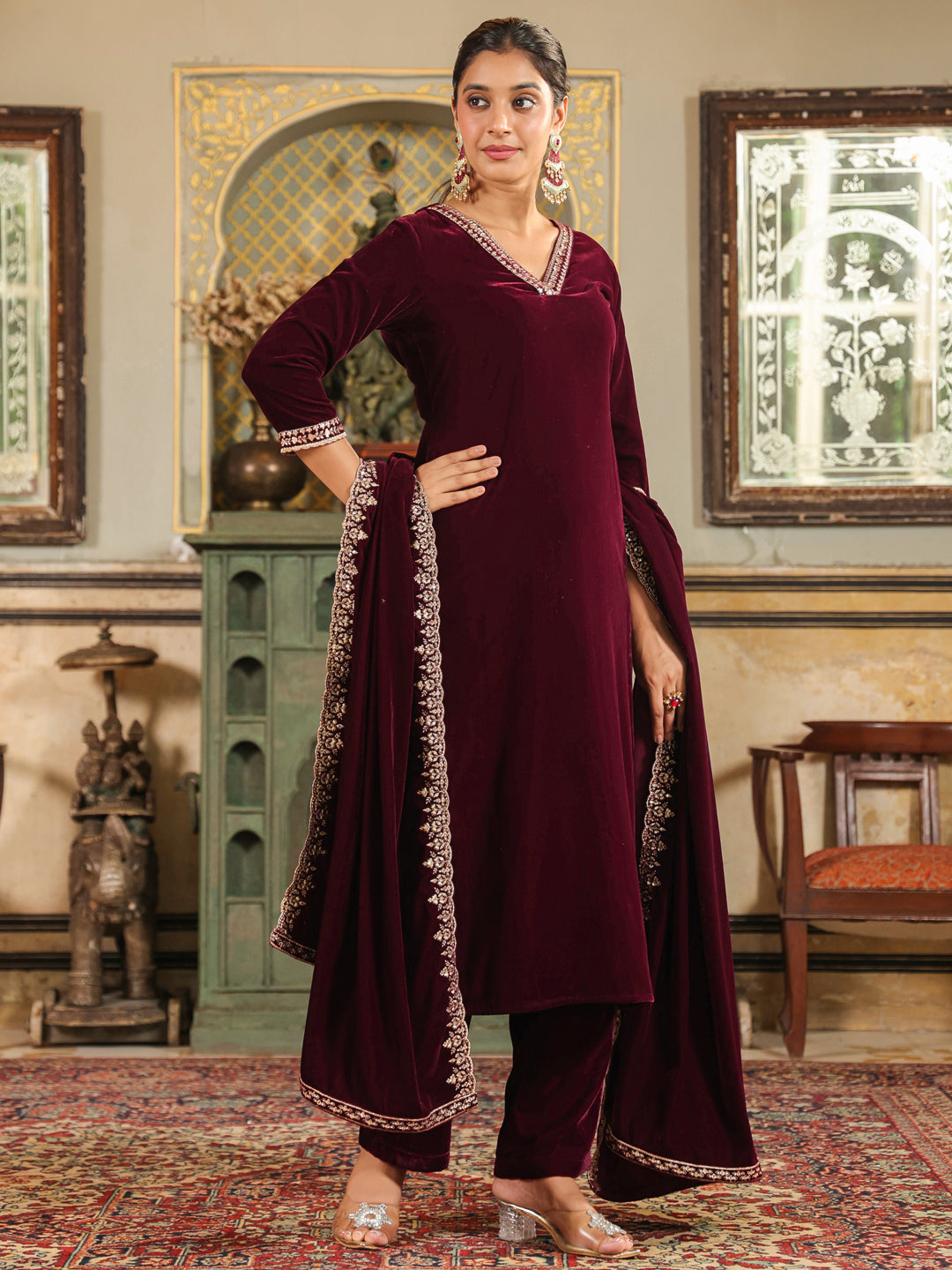 Wine Velvet Zari Embroidered Straight Kurta Set